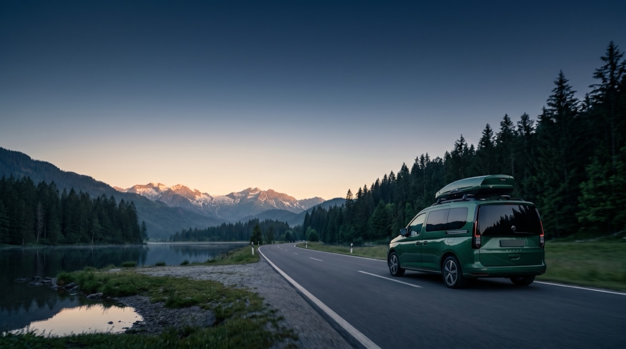 Auto mit Dachbox und Anhänger an einem Bergsee